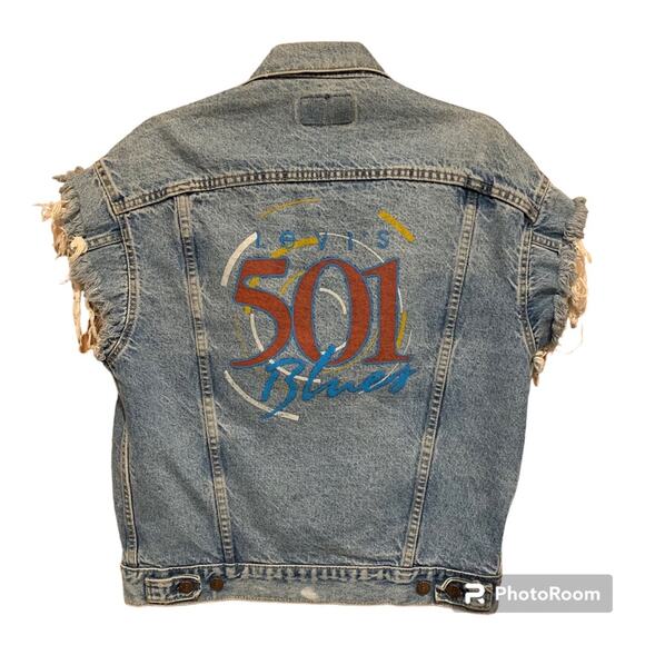 Levi's Retro Distressed Grunge Denim Screen Print 501 Button Front Vest Size M - Picture 10 of 16
